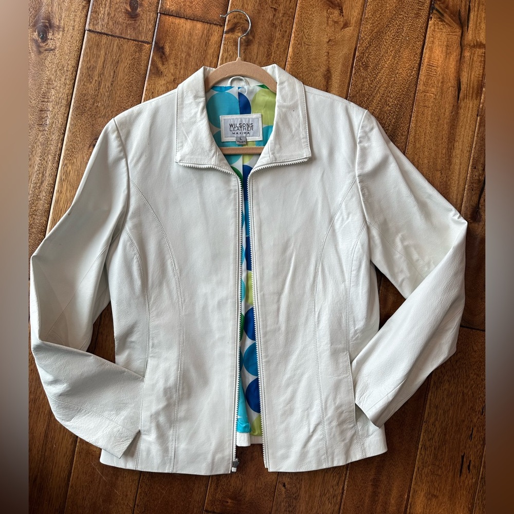 Wilson’s Maxima vintage, white leather jacket/pants; size 10 pants w/ L jacket.
